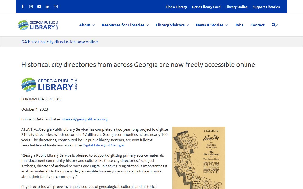 Georgia library announcement about digitized historical city directories