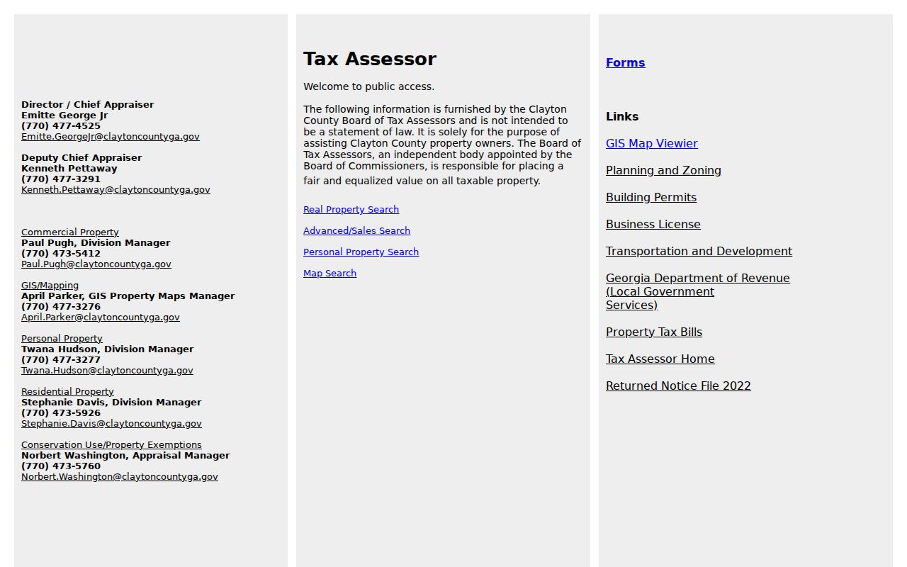 Clayton County street directory links on the Board of Tax Assessors resource page